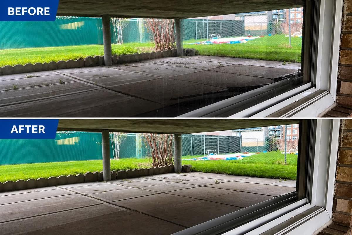 Before and after window cleaning showing dramatically clearer view